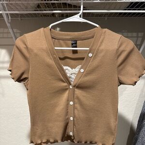 Tan Button-Up Cardigan with Lace Detail